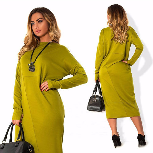 Women Dress Solid O-Neck Full Sleeve Big Size L-6XL Loose Casual Dress Elegant Office Loose Work Wear Plus Size GV398