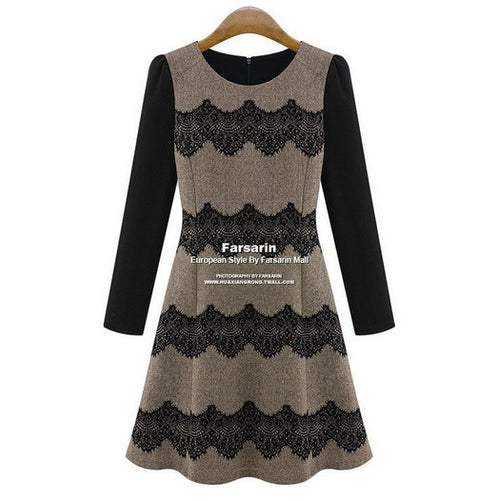 Women Casual Knitted Long Sleeve Slim Dress Wave Striped Lace Flocking Dress Vintage Plus Size Vestido