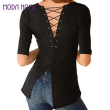 women-black-t-shirt-lace-up-tunic-top-half-sleeves-t-shirt-feminina-split-hem-slim-casual-tee-womens-tops-fashion BBL
