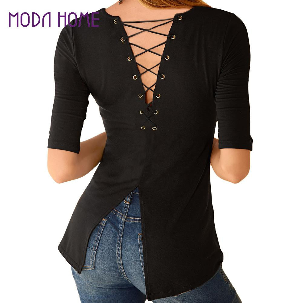 women-black-t-shirt-lace-up-tunic-top-half-sleeves-t-shirt-feminina-split-hem-slim-casual-tee-womens-tops-fashion BBL