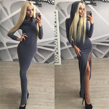 Women Bodycon Dress Maxi Long Dress Irregular Collar Hooded Vestidos Sexy Zipper Vintage Dress GV353