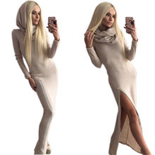 Women Bodycon Dress Maxi Long Dress Irregular Collar Hooded Vestidos Sexy Zipper Vintage Dress GV353