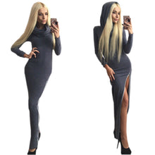 Women Bodycon Dress Maxi Long Dress Irregular Collar Hooded Vestidos Sexy Zipper Vintage Dress GV353