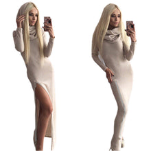 Women Bodycon Dress Maxi Long Dress Irregular Collar Hooded Vestidos Sexy Zipper Vintage Dress GV353