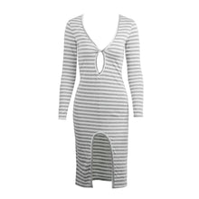 women-bodycon-dress-stripe-pattern-side-split-long-sleeve-dresses-v-neck-hollow-out-sexy-club-dress-vestido BBL