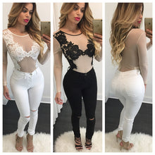 Women Bodysuit Sexy Lace Embroidery Mesh Body Top Long Sleeve Combinaison Femme Bodycon Jumpsuit Plus Size Slim Overalls