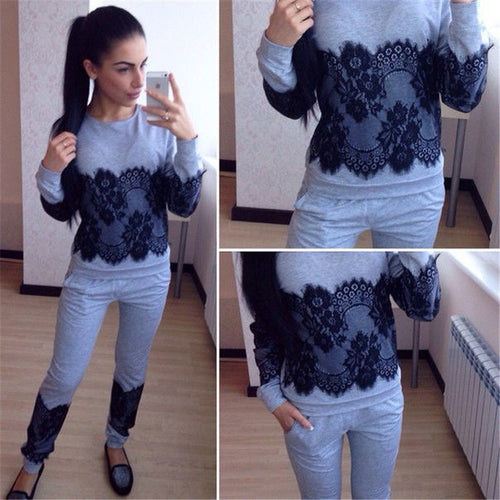 Women Casual 2 Pieces Tracksuit Slim Sexy Long Sleeve Hoodies Trousers Lace Joging Sets Solid Tops+Pants X0263