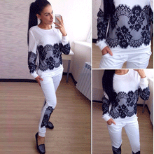 Women Casual 2 Pieces Tracksuit Slim Sexy Long Sleeve Hoodies Trousers Lace Joging Sets Solid Tops+Pants X0263