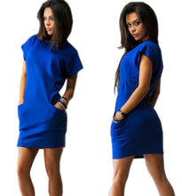 Women Casual Dress 3 colors Straight Short Sleeve Solid O-neck Mini Dress Two Pocket sexy Dresses ZX075