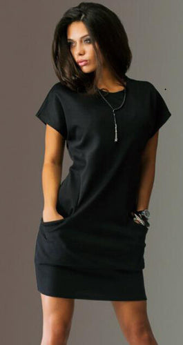 Women Casual Dress 3 colors Straight Short Sleeve Solid O-neck Mini Dress Two Pocket sexy Dresses ZX075