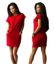 Women Casual Dress 3 colors Straight Short Sleeve Solid O-neck Mini Dress Two Pocket sexy Dresses ZX075