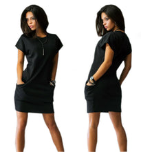 Women Casual Dress 3 colors Straight Short Sleeve Solid O-neck Mini Dress Two Pocket sexy Dresses ZX075