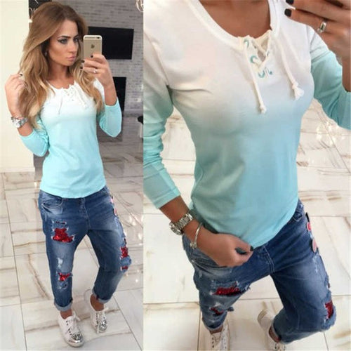 Women Casual T Shirt Tops Tops & Tees Lace Up Gradient Color Long Sleeve T-Shirts Plus Size GV251