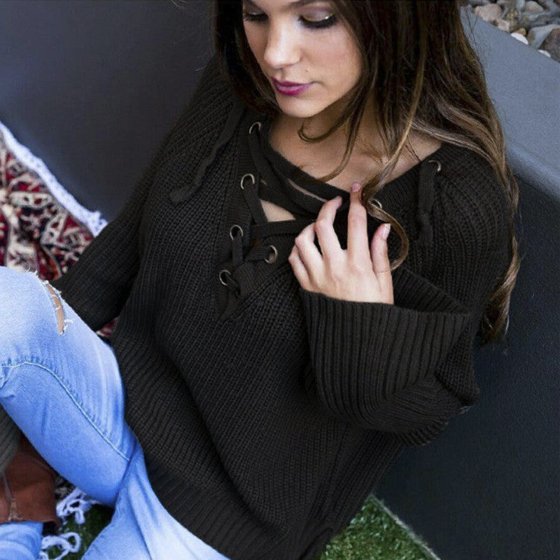 Women Casual Sweater Knitted Sweater Women Knitted Sweater 5 Colors Sexy Lace Up Cross Pullover GV354