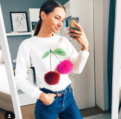 Women Colorful Plush Ball Sweatshirts Hoodies Lady Long Sleeve O-Neck Sweatshirts Novelty Russian Women Hoody GV361