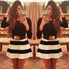 women-dress-long-sleeve-stripe-mini-dress-o-neck-sexy-slim-dress-without-belt-black-vestido-de-festa BBL