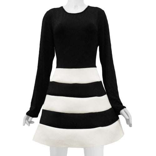 women-dress-long-sleeve-stripe-mini-dress-o-neck-sexy-slim-dress-without-belt-black-vestido-de-festa BBL