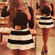 women-dress-long-sleeve-stripe-mini-dress-o-neck-sexy-slim-dress-without-belt-black-vestido-de-festa BBL
