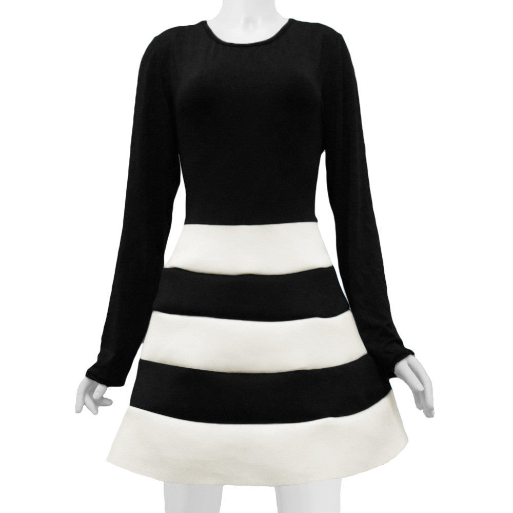 women-dress-long-sleeve-stripe-mini-dress-o-neck-sexy-slim-dress-without-belt-black-vestido-de-festa BBL