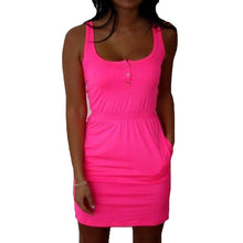 Women Dress Candy Color Low Cut Buttons Pleated Waist Tank Dress Causal Dress