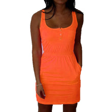 Women Dress Candy Color Low Cut Buttons Pleated Waist Tank Dress Causal Dress