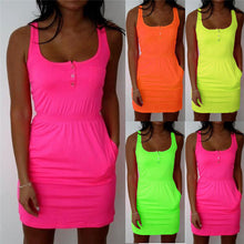 Women Dress Candy Color Low Cut Buttons Pleated Waist Tank Dress Causal Dress