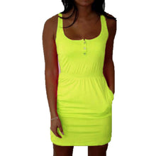 Women Dress Candy Color Low Cut Buttons Pleated Waist Tank Dress Causal Dress
