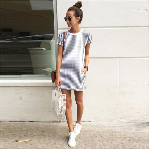 Women Dress Sexy Fashion Women Casual Loose Striped Cotton Bodycon Mini Dresses Vestidos Femmes