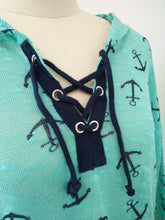 Women Anchor Print Sweatshirts Hoodies Long Sleeve V-neck Tie-up Hooded Tops Casual Sportwear Femininos M0549