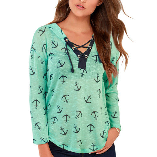 Women Anchor Print Sweatshirts Hoodies Long Sleeve V-neck Tie-up Hooded Tops Casual Sportwear Femininos M0549