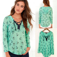 Women Anchor Print Sweatshirts Hoodies Long Sleeve V-neck Tie-up Hooded Tops Casual Sportwear Femininos M0549