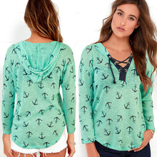 Women Anchor Print Sweatshirts Hoodies Long Sleeve V-neck Tie-up Hooded Tops Casual Sportwear Femininos M0549