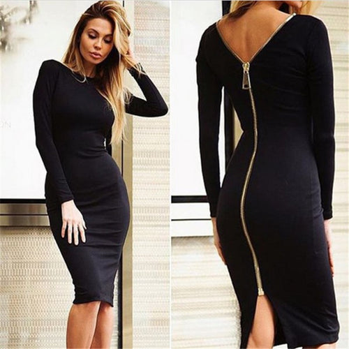 Women Back Zipper Knee-length Dresses Sexy Nightclub Bodycon Sheath Dress Fall Long Sleeve Dress Vestidos