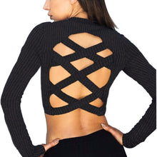 Women Long Sleeve Solid O-neck T-shirt Back Hollow Out Crop Tops Sexy Short Style Women Tops X0370