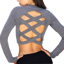 Women Long Sleeve Solid O-neck T-shirt Back Hollow Out Crop Tops Sexy Short Style Women Tops X0370