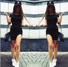 Women Short Sleeve Solid O-neck Split Ends Package Hip Dresses Slim Bodycon Dress X0394