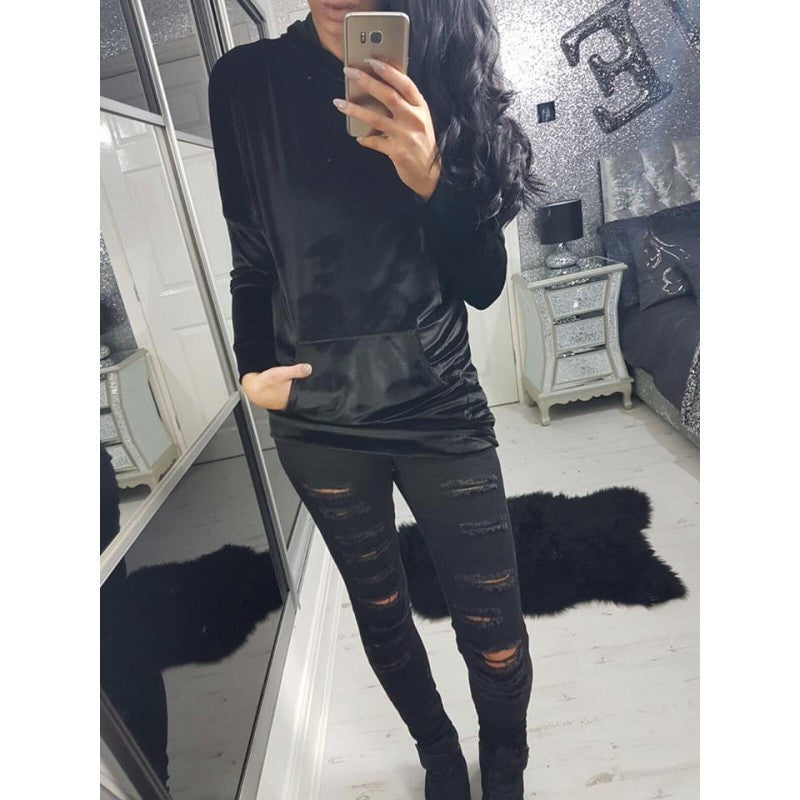 Women Hoodies Sweatshirts Velvet Front Pocket Long Hoodies Pullover Plus Size Hooded Loose Velour Tops GV492