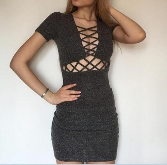 Women Knitted Lace Up Dress Woman Elegant Sexy Bodycon Mini Sheath Dress Solid Knitting Dress Vestidos