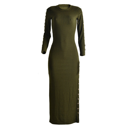 Women Knitted Sweater Dress Long Sleeve High Split Bodycon Dress Sexy Gold Button Vestido Longo Night Club Dresses