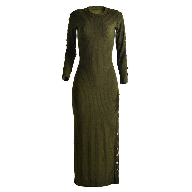 Women Knitted Sweater Dress Long Sleeve High Split Bodycon Dress Sexy Gold Button Vestido Longo Night Club Dresses