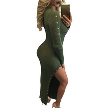 Women Knitted Sweater Dress Long Sleeve High Split Bodycon Dress Sexy Gold Button Vestido Longo Night Club Dresses