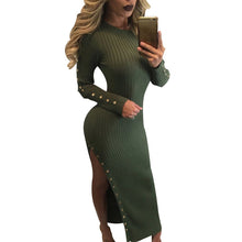 Women Knitted Sweater Dress Long Sleeve High Split Bodycon Dress Sexy Gold Button Vestido Longo Night Club Dresses
