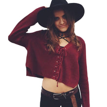 Women Knitted Tops Lace Up Knitwear Sweater Crop Top Loose Long Sleeve Femme Knitted Pullovers Sweater GV352