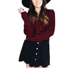 Women Knitted Tops Lace Up Knitwear Sweater Crop Top Loose Long Sleeve Femme Knitted Pullovers Sweater GV352