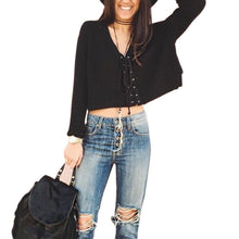 Women Knitted Tops Lace Up Knitwear Sweater Crop Top Loose Long Sleeve Femme Knitted Pullovers Sweater GV352