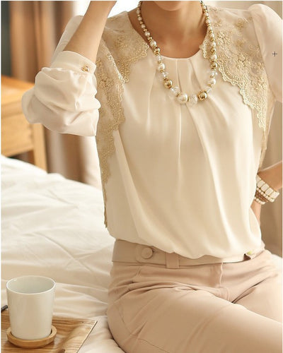 Women Lace Blouses Women Elegant Blouses Lady Embroidery Long-sleeved Chiffon Shirts Lace Blusas Casual Basic Shirt E002