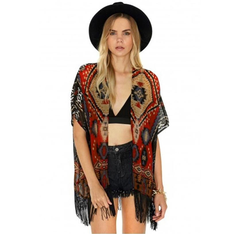Women Lace Geometry Printed Tassel Chiffon Shawl Kimono Cardigan Tops Women Blouse Shirt Batwing Sleeve Blusas Femininas