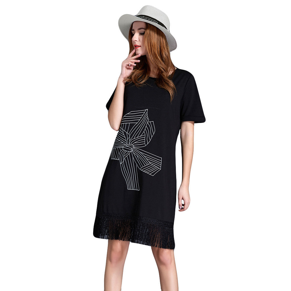 women-office-dress-floral-embroidery-tassel-hem-sexy-club-dress-short-sleeve-straight-casual-dress-black-plus-size BBL