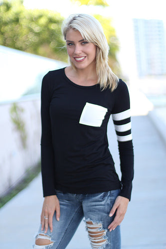 Women Pocket Patchwork T-Shirt Simple Striped Tops Tee O-Neck Long Sleeve Casual T Shirts Grey Wine Red Black T Shirts GV257