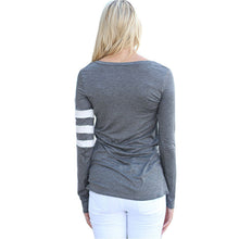 Women Pocket Patchwork T-Shirt Simple Striped Tops Tee O-Neck Long Sleeve Casual T Shirts Grey Wine Red Black T Shirts GV257